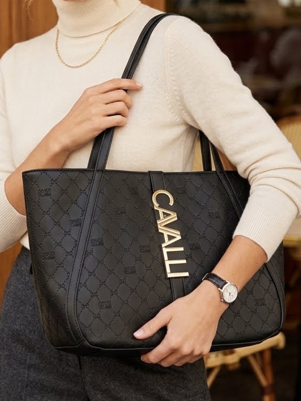 Cavalli Class Black Gold Sandra Shopper Tote Bag Leather Laptop Shoulder Bag NWT